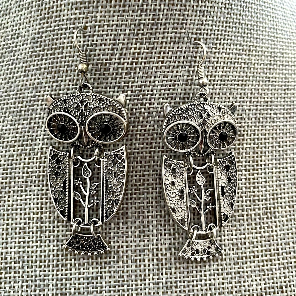 Silver Black Crystal Owl Dangle Earrings